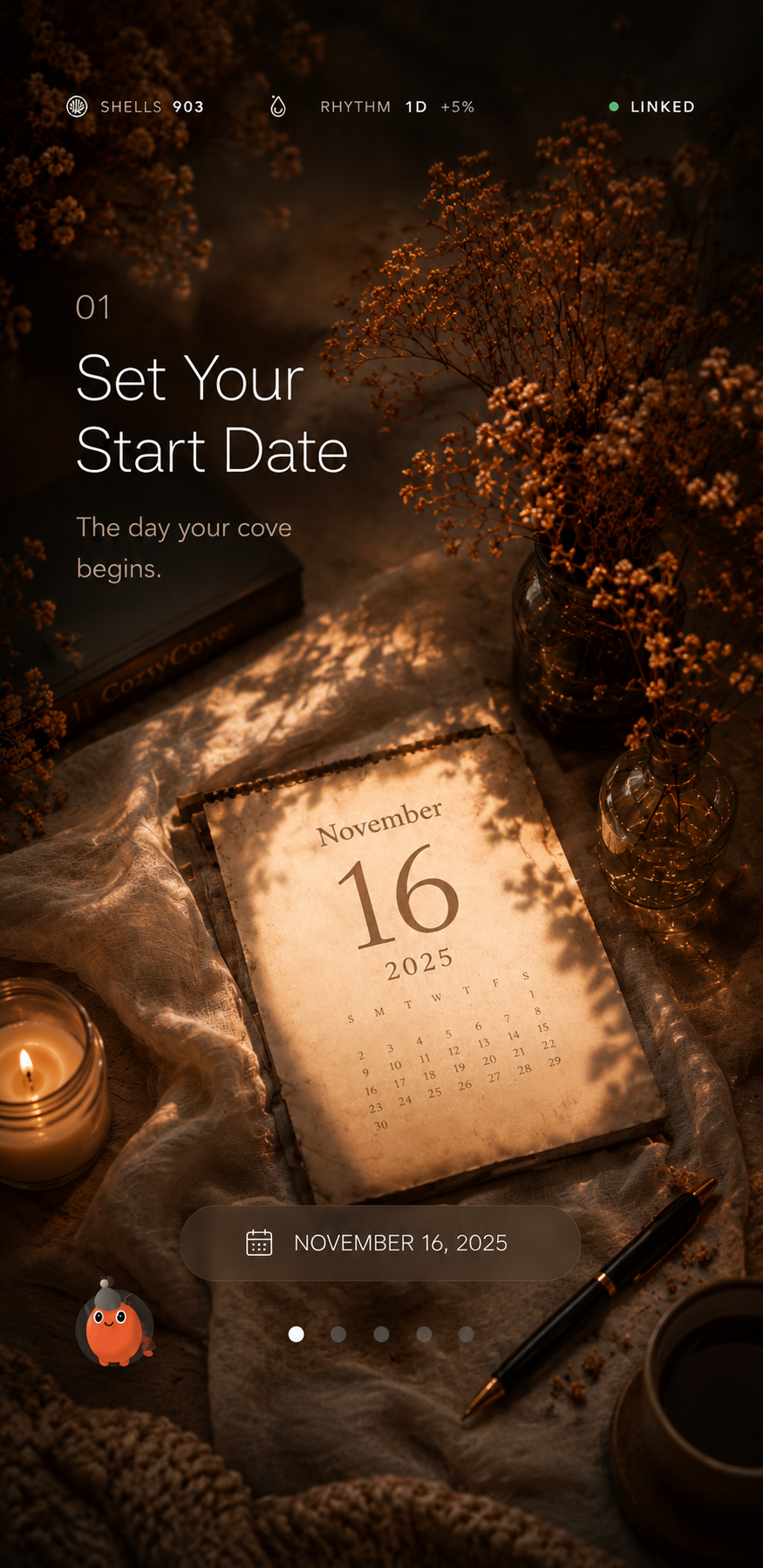 CozyCove demo screen for setting a relationship start date